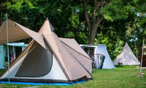 Zeltplatz mit mehreren aufgebauten Zelten auf einer grünen Wiese zwischen Bäumen