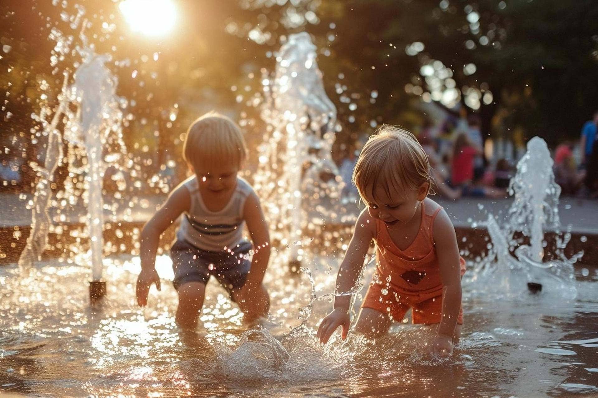 Kleinkinder in kurzen Klamotten spielen in der Plantschwasserlandschaft des Freibad Mammendorf